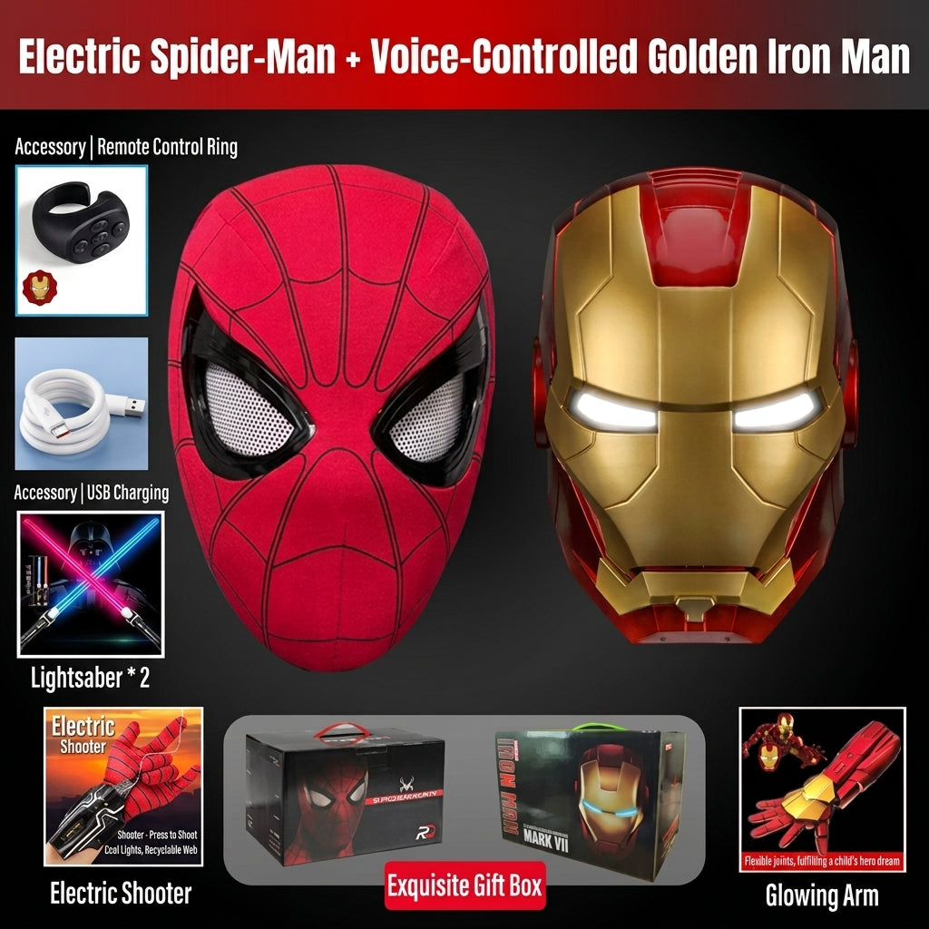Electric Spider-Man Mask with Blinking Eyes + Voice-Controlled Golden Iron Man Helmet Set