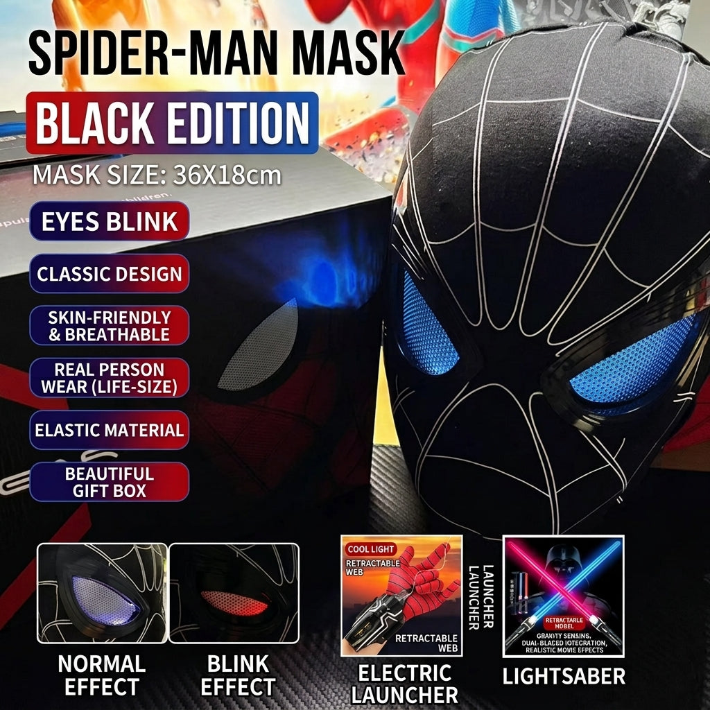 Electric Spider-Man Mask with Blinking Eyes + Voice-Controlled Golden Iron Man Helmet Set