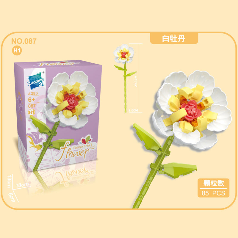 087H-1-White Peony Building Block Flowers (85pcs)