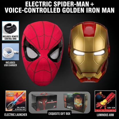 Electric Spider-Man Mask with Blinking Eyes + Voice-Controlled Golden Iron Man Helmet Set