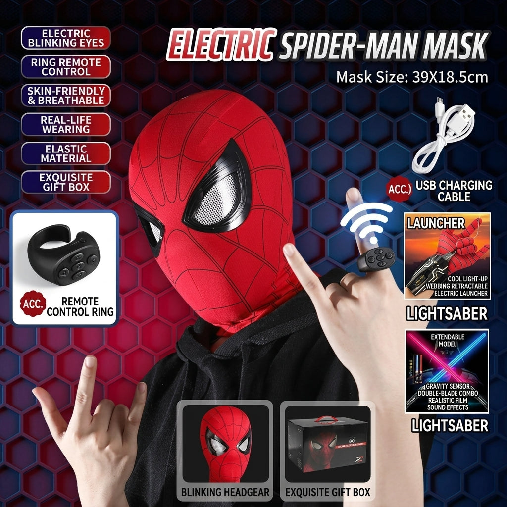 Electric Spider-Man Mask with Blinking Eyes + Voice-Controlled Golden Iron Man Helmet Set